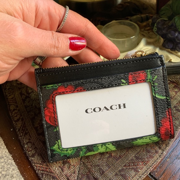 RARE🔥Authentic COACH Coated/smooth leather roses L.Ed zip card holder/ID/keych - Picture 6 of 8